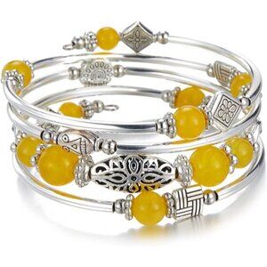03-Yellow Layered Wrap Bangle Bead Bracelet w/ Agate Stone